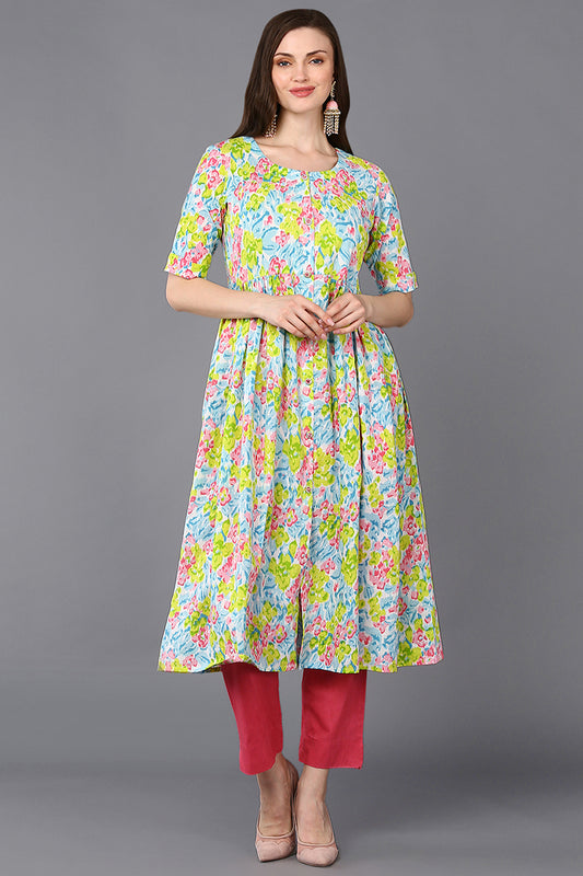 Cotton Multicolored Floral Printed Flared Kurta VCK9298