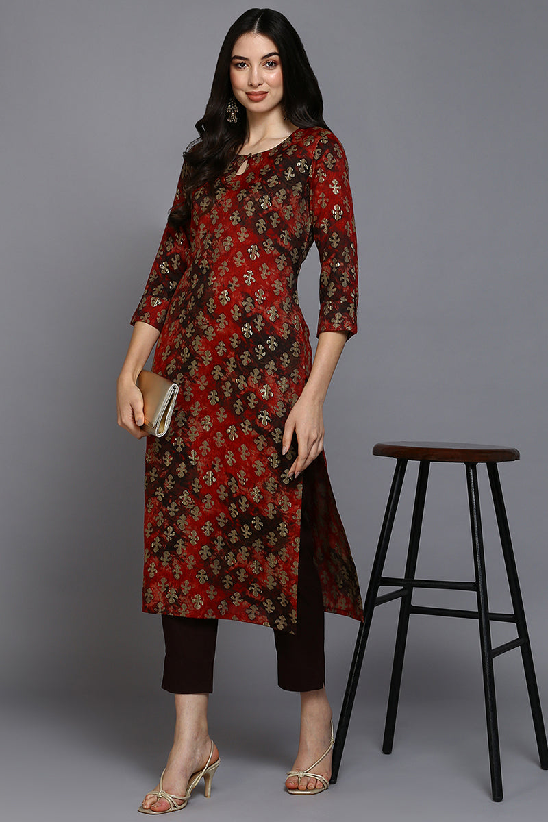 Red Silk Blend Ethnic Motifs Straight Kurta VCK9300