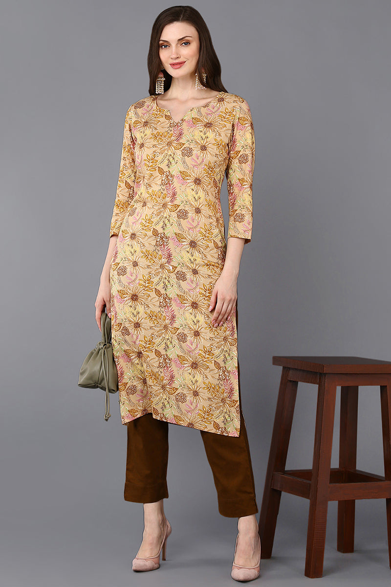 Viscose Rayon Chikoo Floral Printed Straight Kurta VCK9304