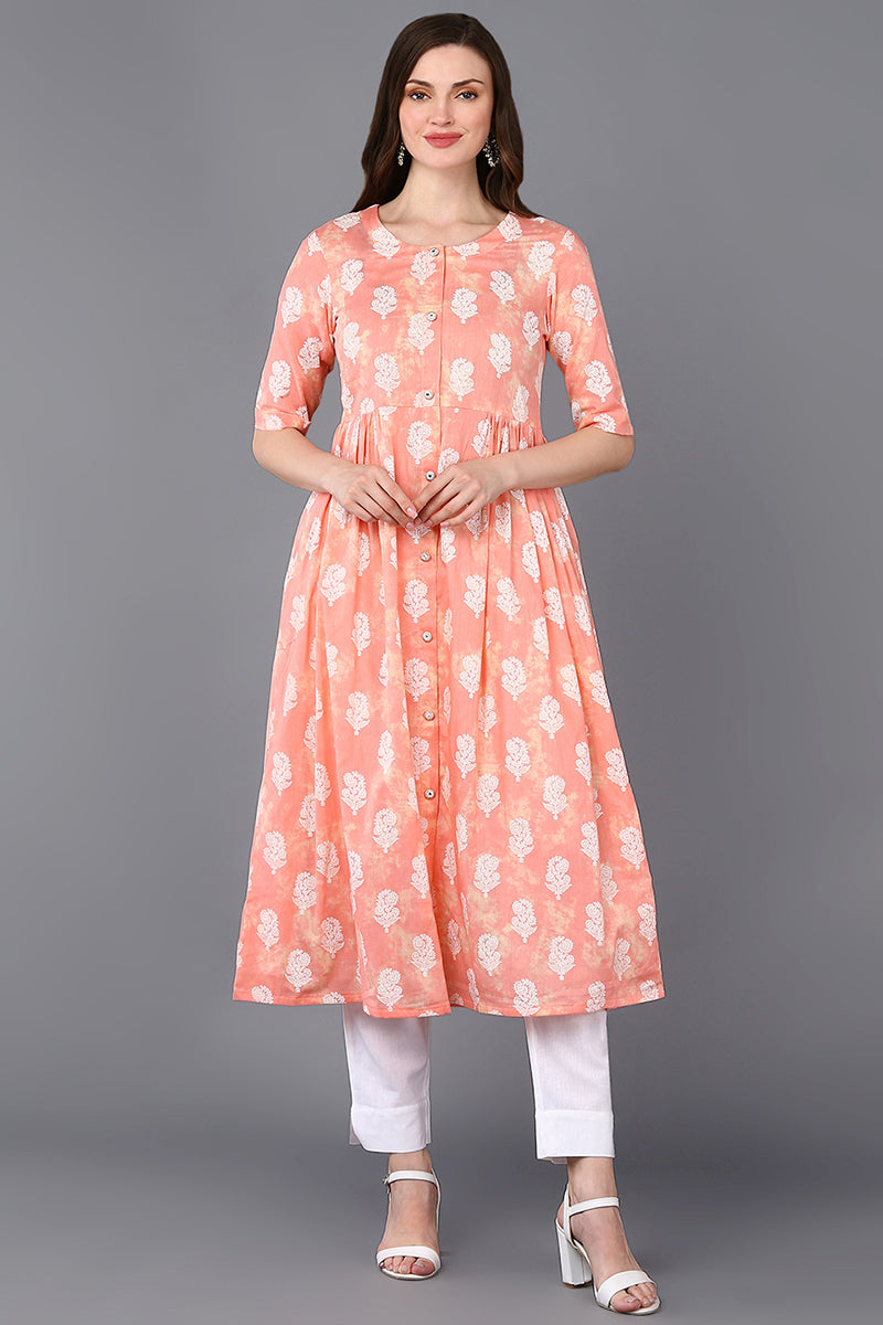 Cotton Peach Floral Printed Flared Kurta VCK9317