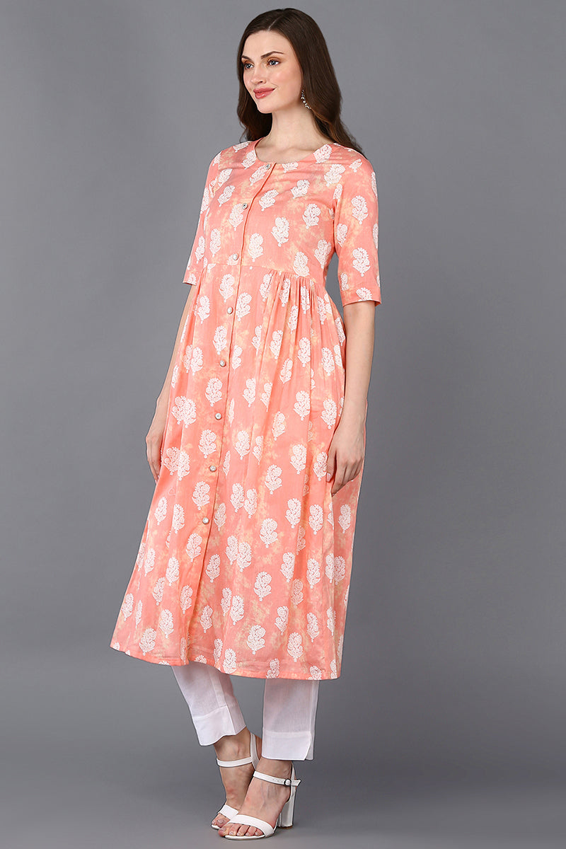 Cotton Peach Floral Printed Flared Kurta VCK9317