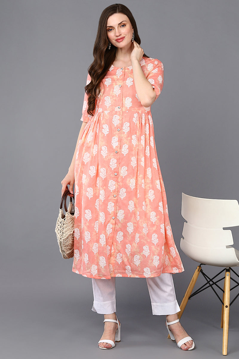 Cotton Peach Floral Printed Flared Kurta VCK9317