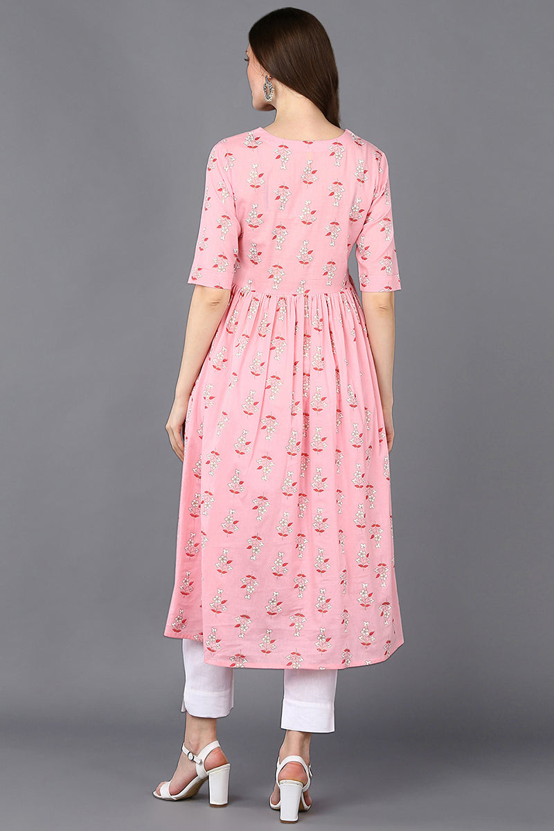 Cotton Pink Printed Flared Kurta VCK9322