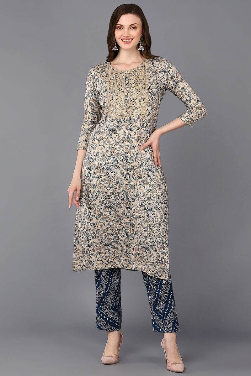 Viscose Rayon Beige Printed Straight Kurta VCK9324