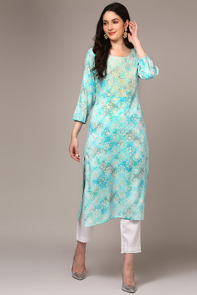 Plus Size Blue Viscose Rayon Embroidered Kurta VCK9333