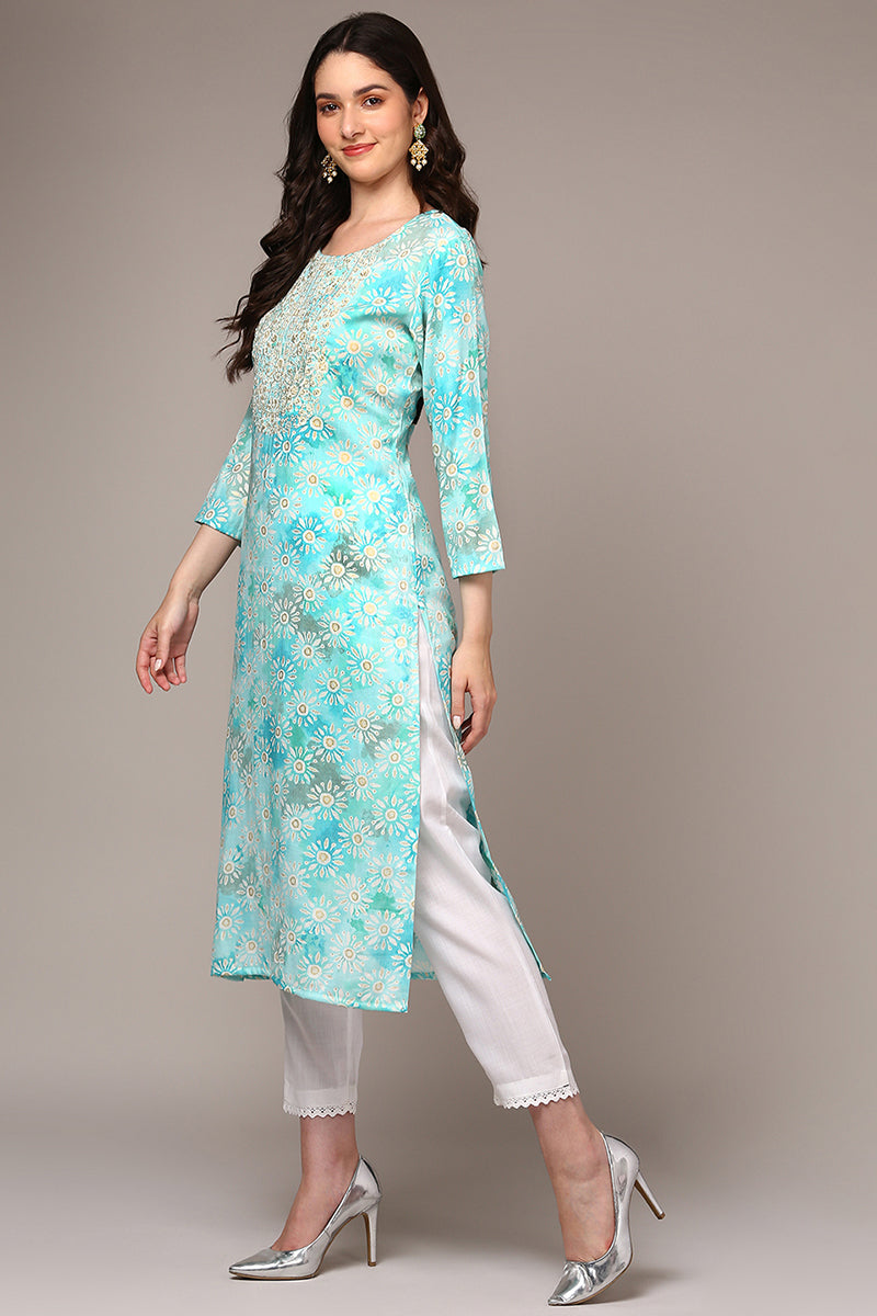 Blue Viscose Rayon Embroidered Kurta VCK9333