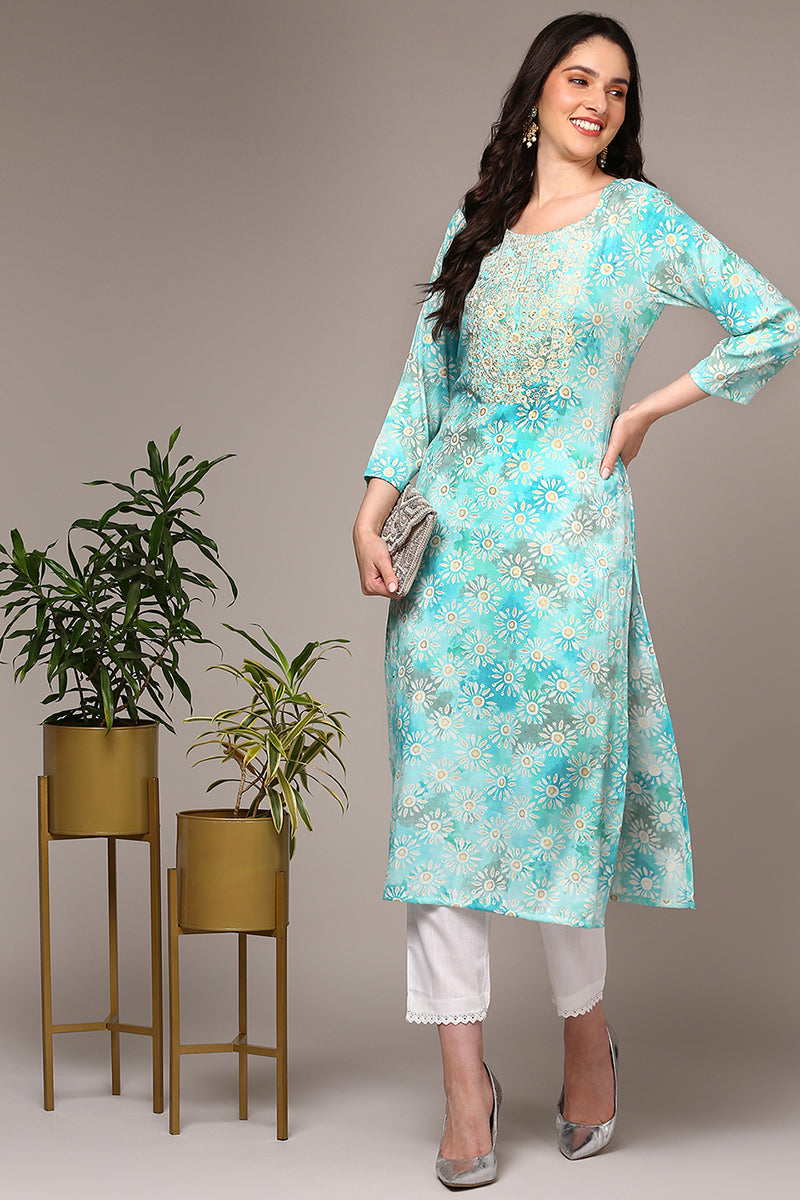 Blue Viscose Rayon Embroidered Kurta VCK9333