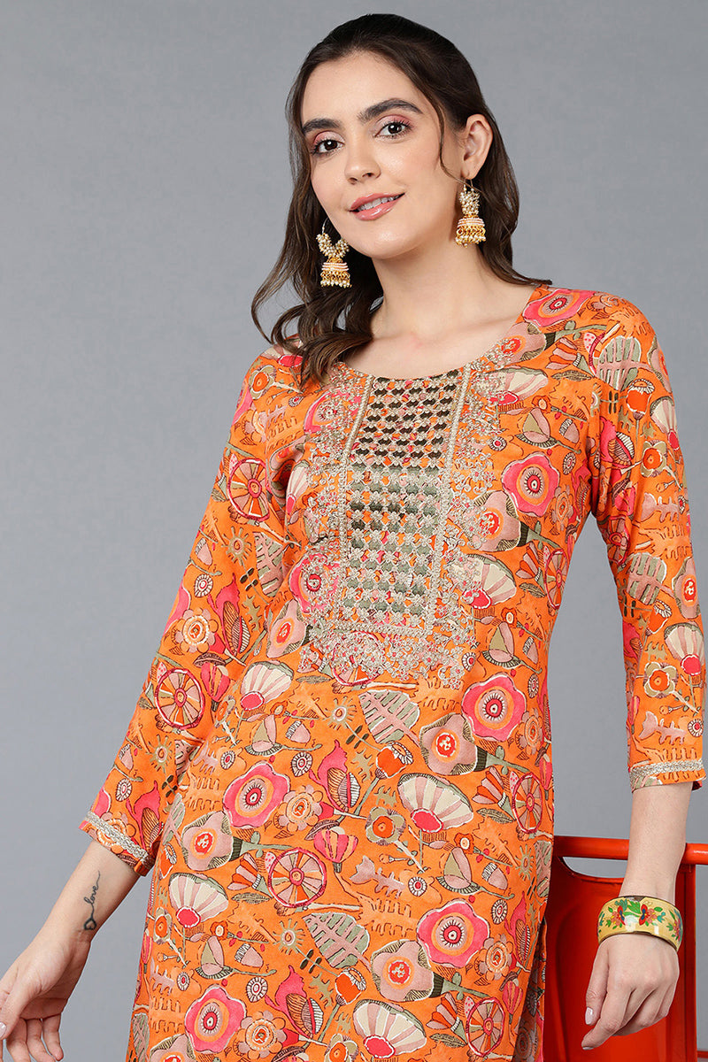 Orange Viscose Rayon Floral Printed Straight Kurta VCK9334