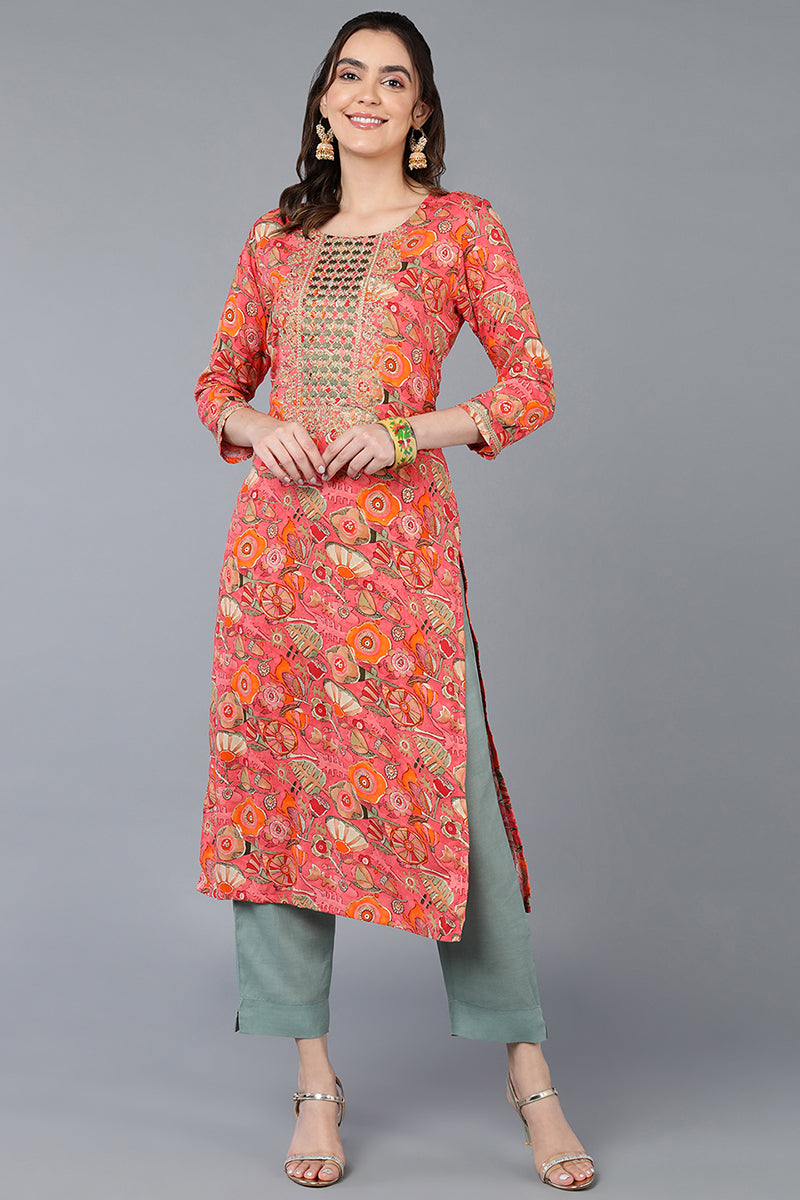 Pink Viscose Rayon Floral Printed Straight Kurta VCK9335