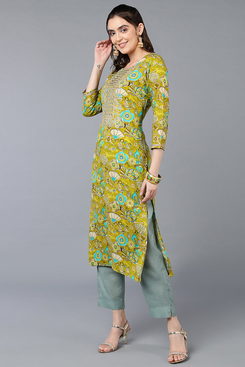 Green Viscose Rayon Floral Printed Straight Kurta VCK9336