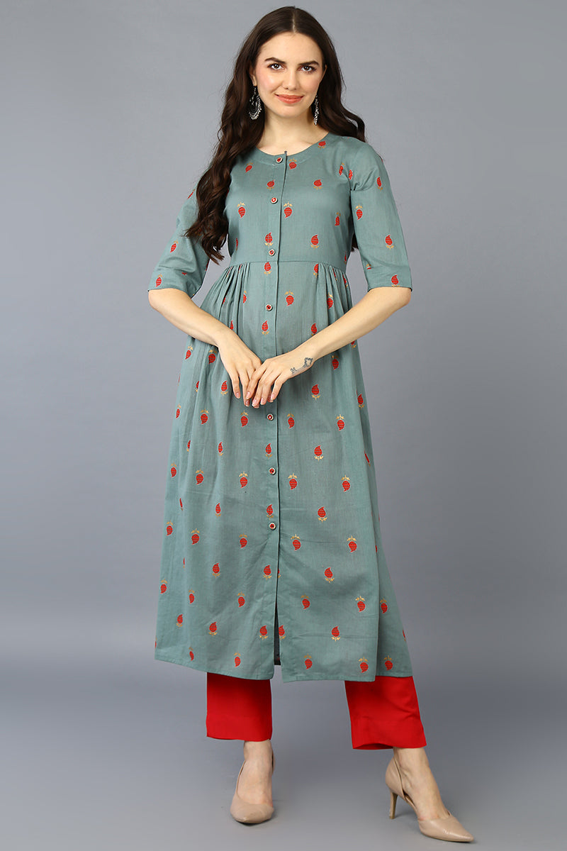 Sea Green Cotton Ethnic Motifs Flaired Kurta VCK9339