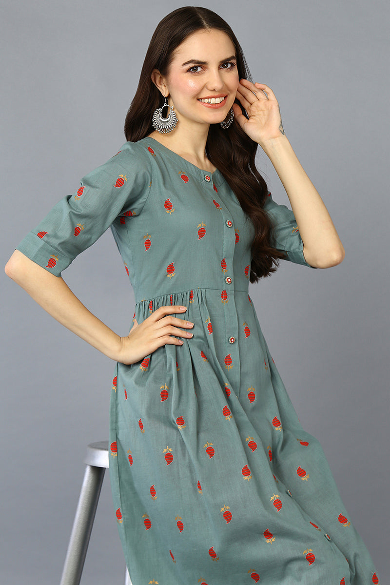 Sea Green Cotton Ethnic Motifs Flaired Kurta VCK9339