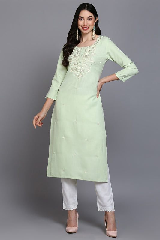Cotton Blend Lime Green Embroidered Straight Kurta VCK9360