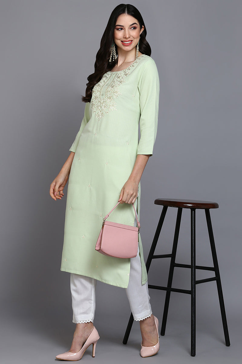 Cotton Blend Lime Green Embroidered Straight Kurta VCK9360