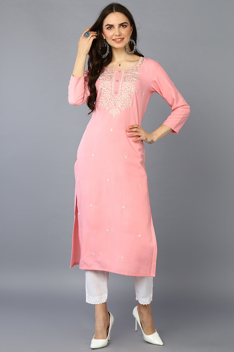 Pink Cotton Blend Embroidered Straight Kurta VCK9361