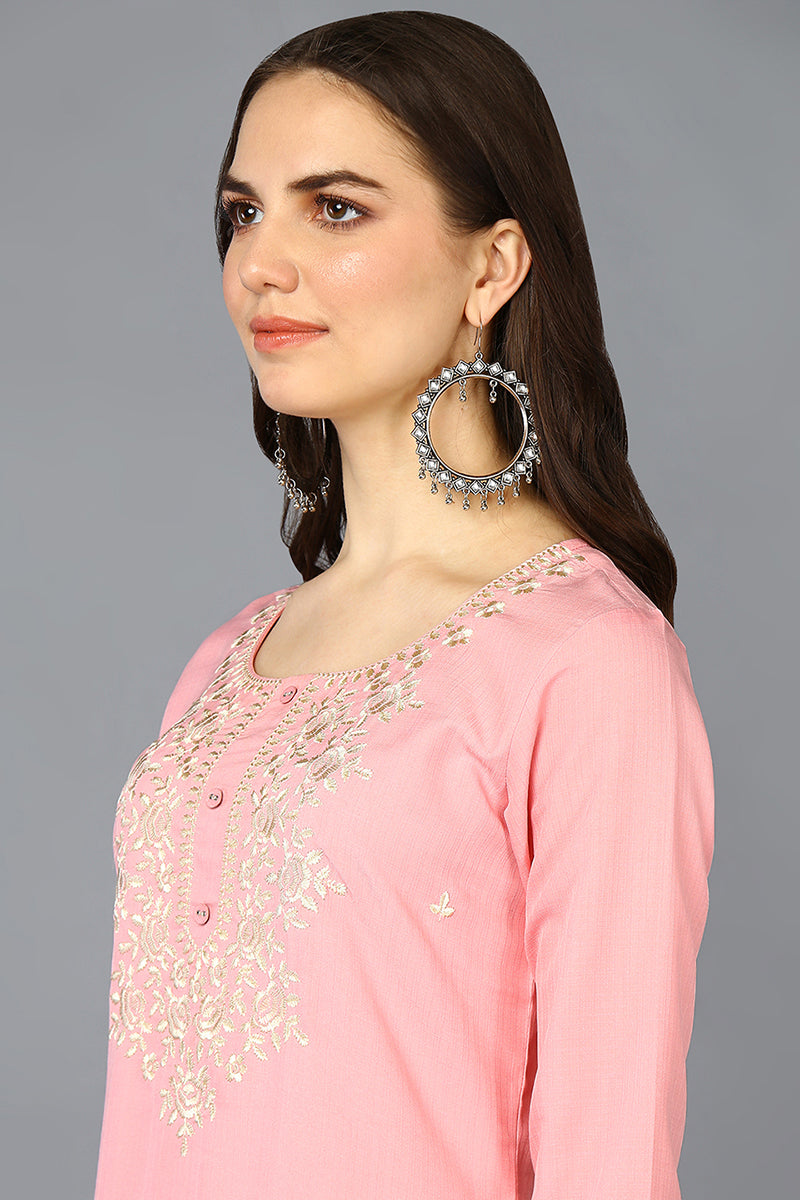 Pink Cotton Blend Embroidered Straight Kurta VCK9361