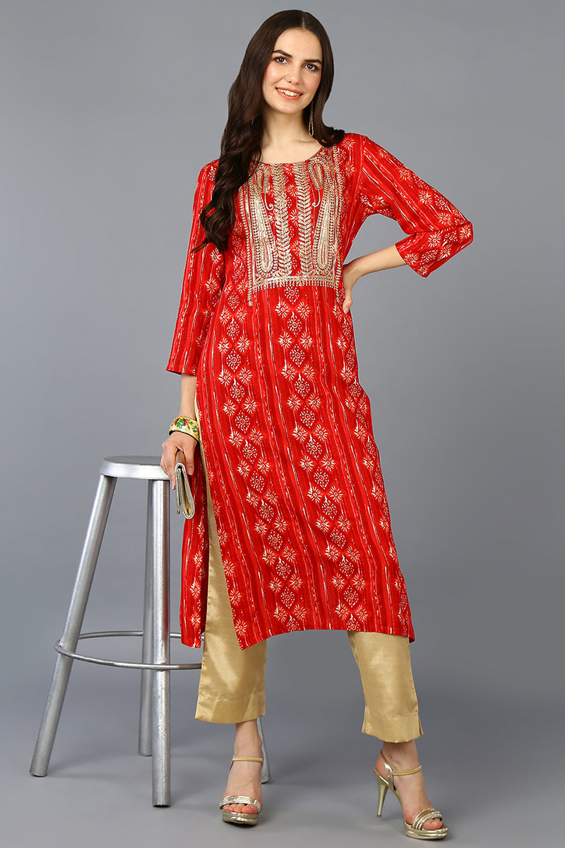 Red Viscose Rayon Ethnic Motifs A-Line Kurta VCK9371