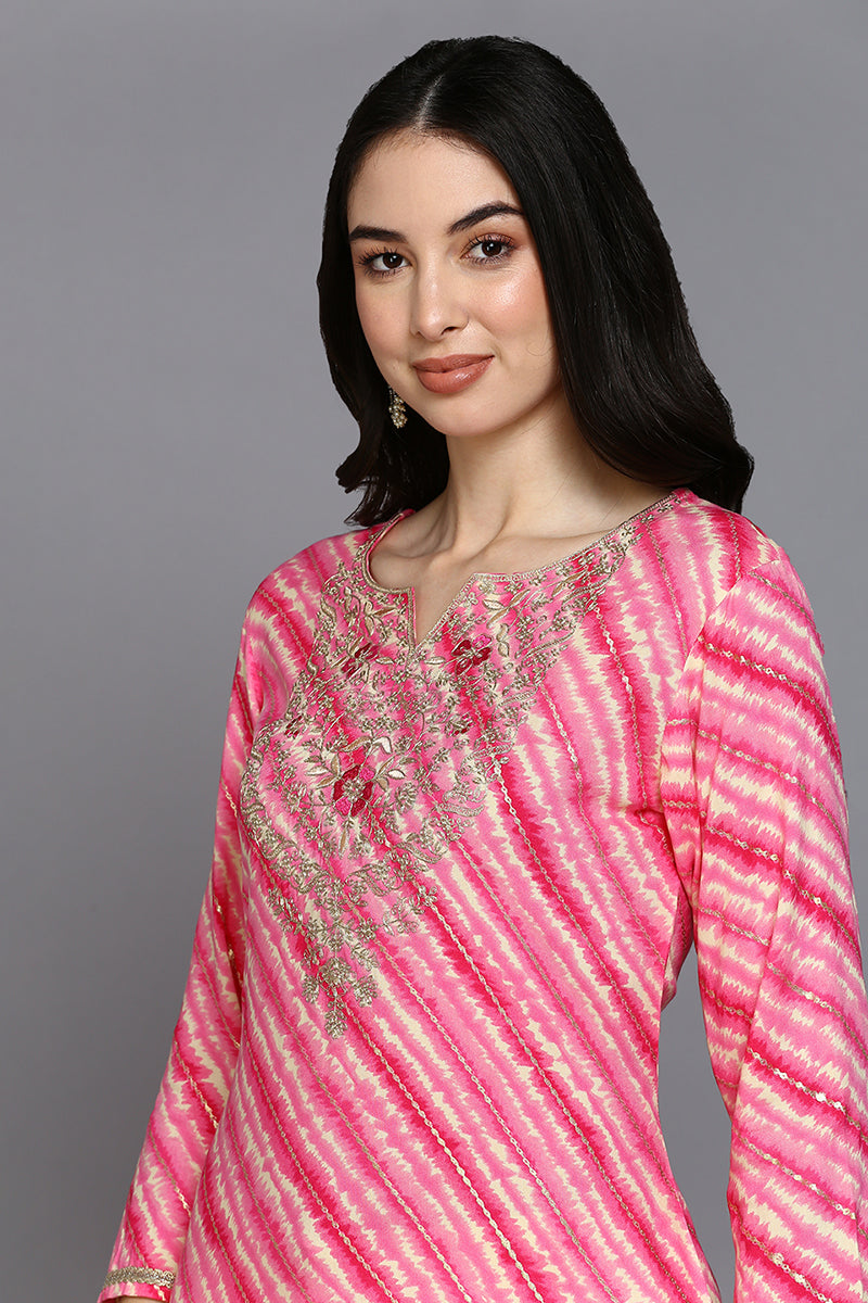 Pink Viscose Rayon Leheriya A-Line Kurta VCK9376