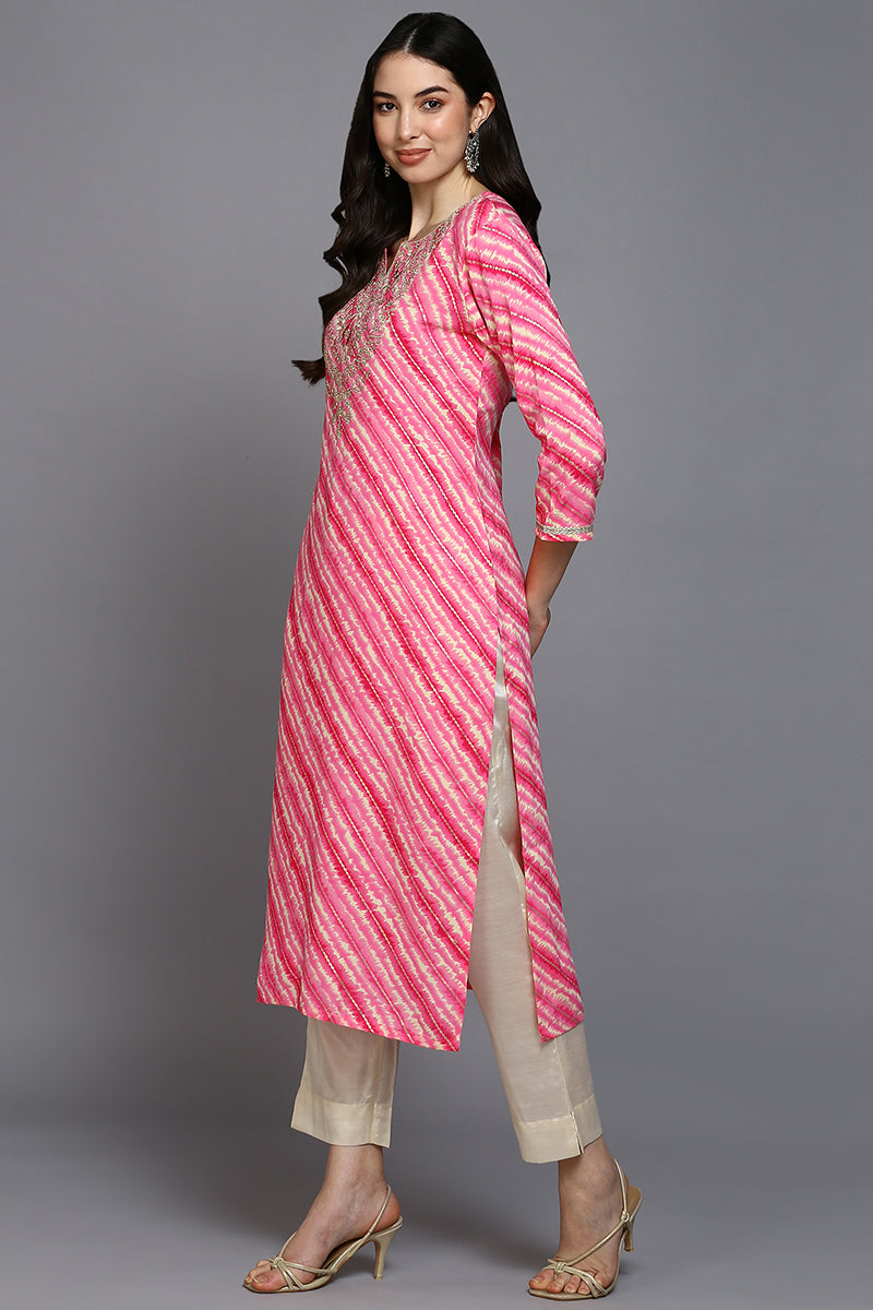 Pink Viscose Rayon Leheriya A-Line Kurta VCK9376