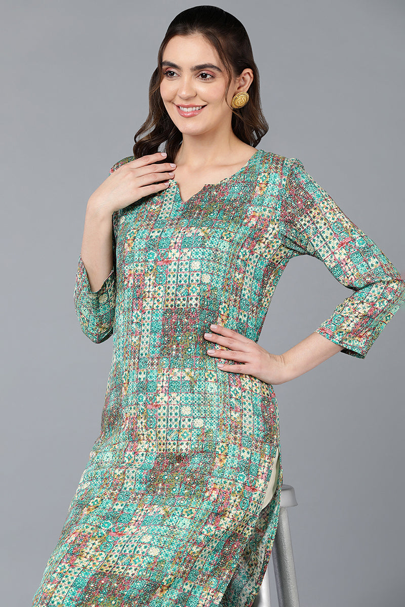 Cotton Blend Green Printed Straight Kurta VCK9393