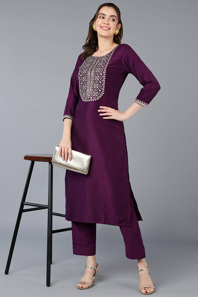 Silk Blend Purple Embroidered Straight Kurta VCK9396