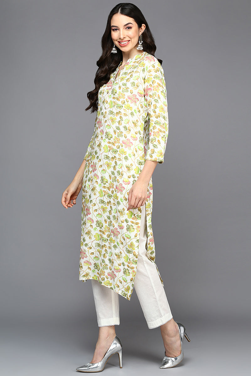 White Viscose Rayon Floral Straight Kurta VCK9413