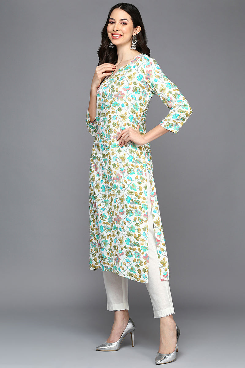 White Viscose Rayon Floral A-Line Kurta VCK9414