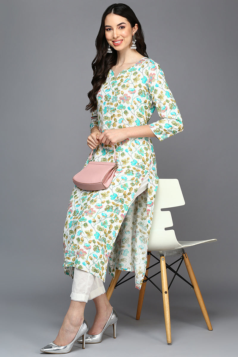 White Viscose Rayon Floral A-Line Kurta VCK9414