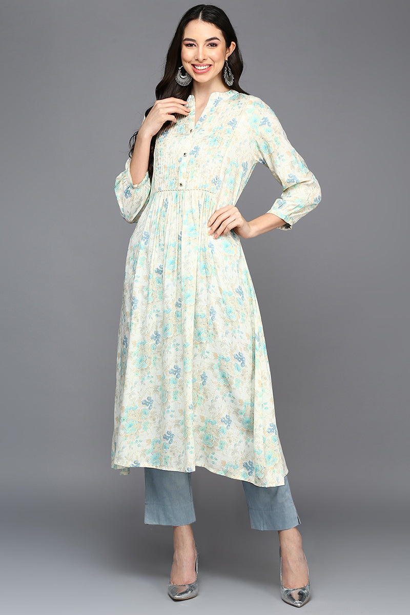 Off White Cotton Blend Ethnic Motifs A-Line Kurta VCK9418