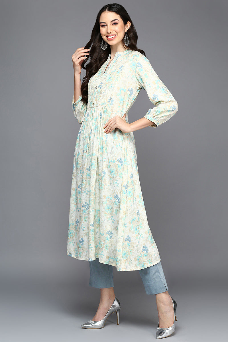 Off White Cotton Blend Ethnic Motifs A-Line Kurta VCK9418