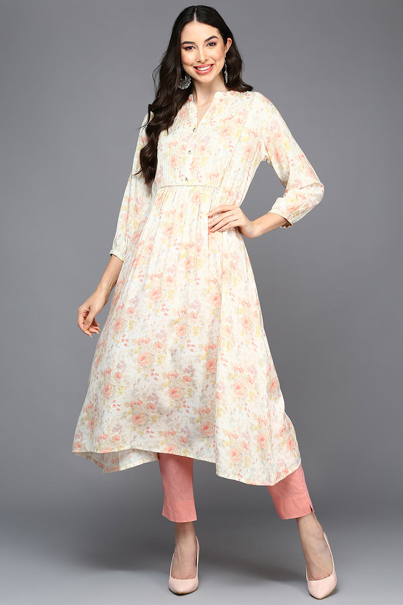 Off White Cotton Blend Floral A-Line Kurta VCK9419