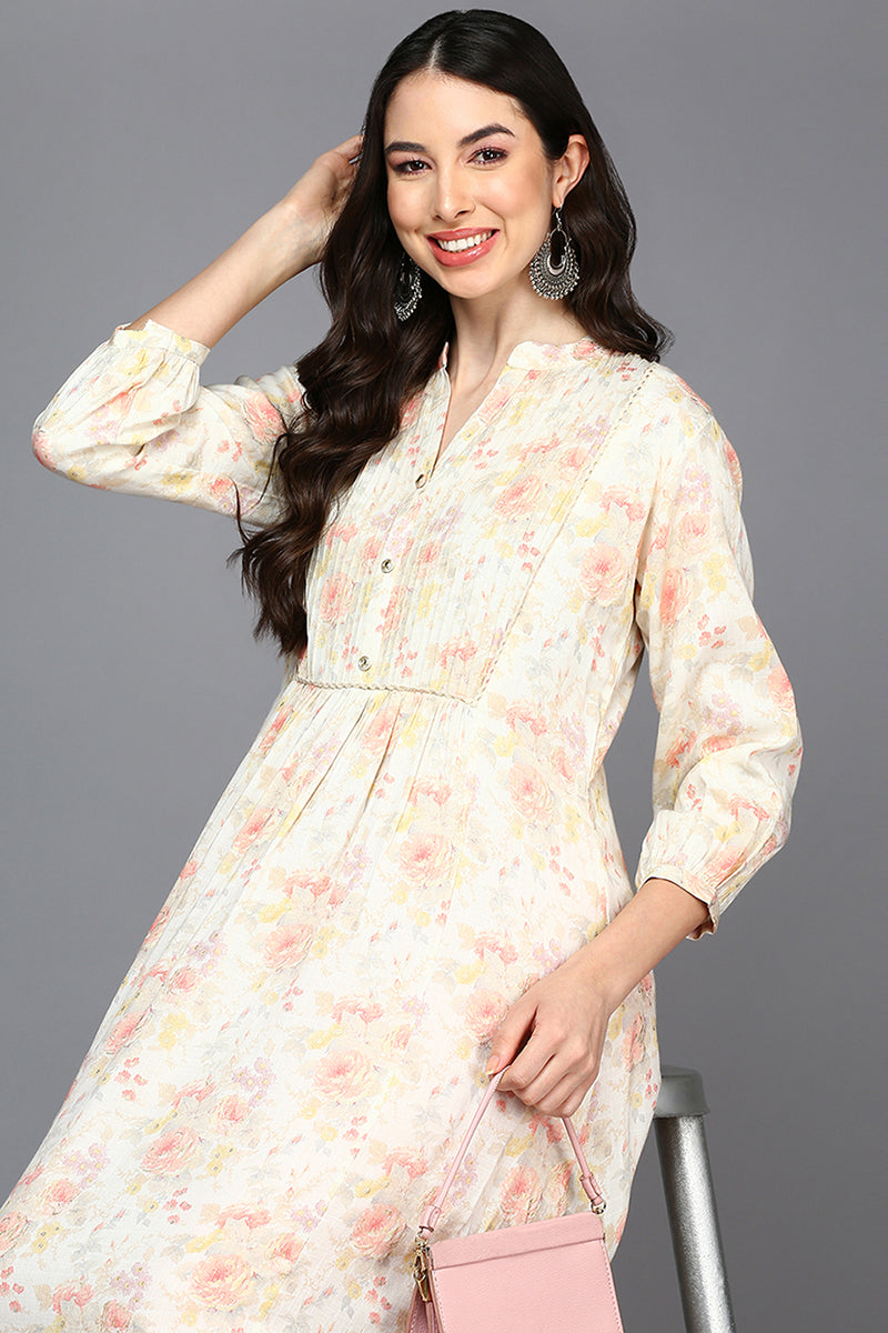 Off White Cotton Blend Floral A-Line Kurta VCK9419