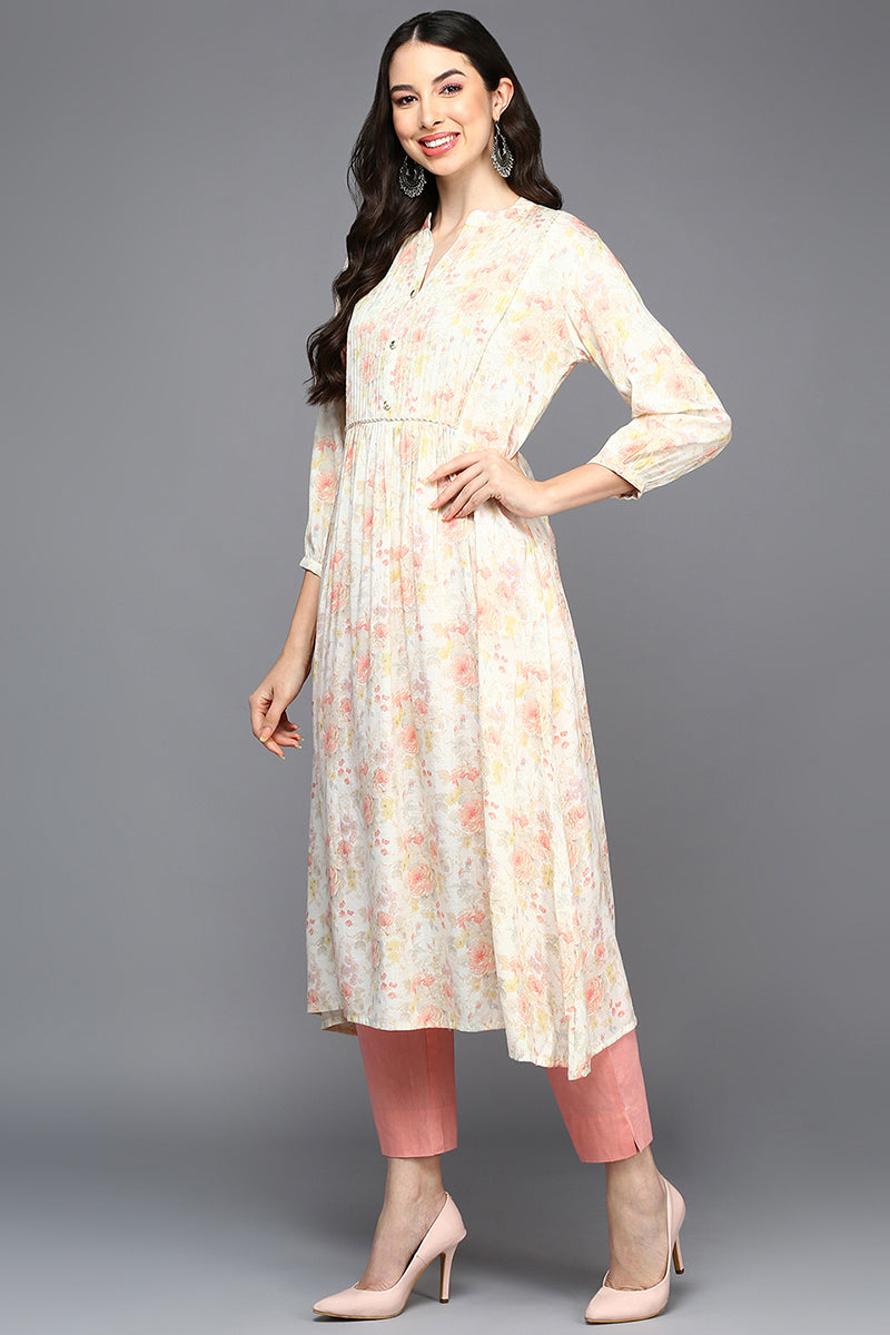 Off White Cotton Blend Floral A-Line Kurta VCK9419