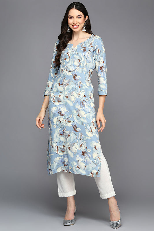 Blue Cotton Blend Floral Straight Kurta VCK9421