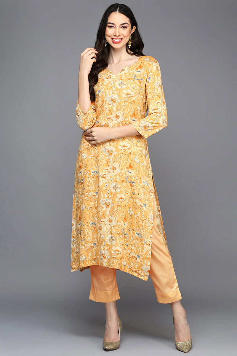 Yellow Viscose Rayon Ethnic Motifs A-Line Kurta VCK9432