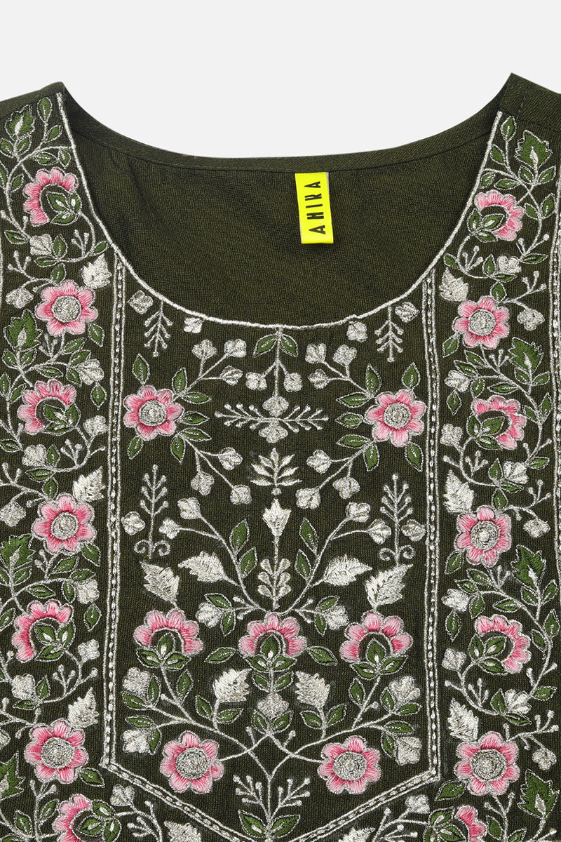 Olive Silk Blend Floral Straight Kurta VCK9435