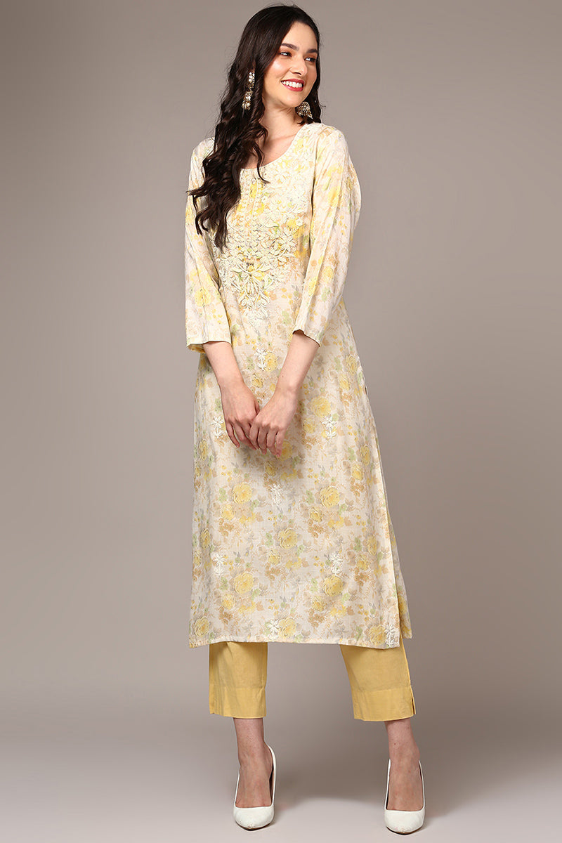Off White Cotton Blend Floral Printed Straight Kurta VCK9445