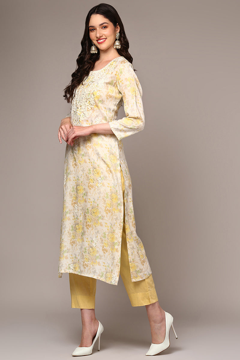 Off White Cotton Blend Floral Printed Straight Kurta VCK9445