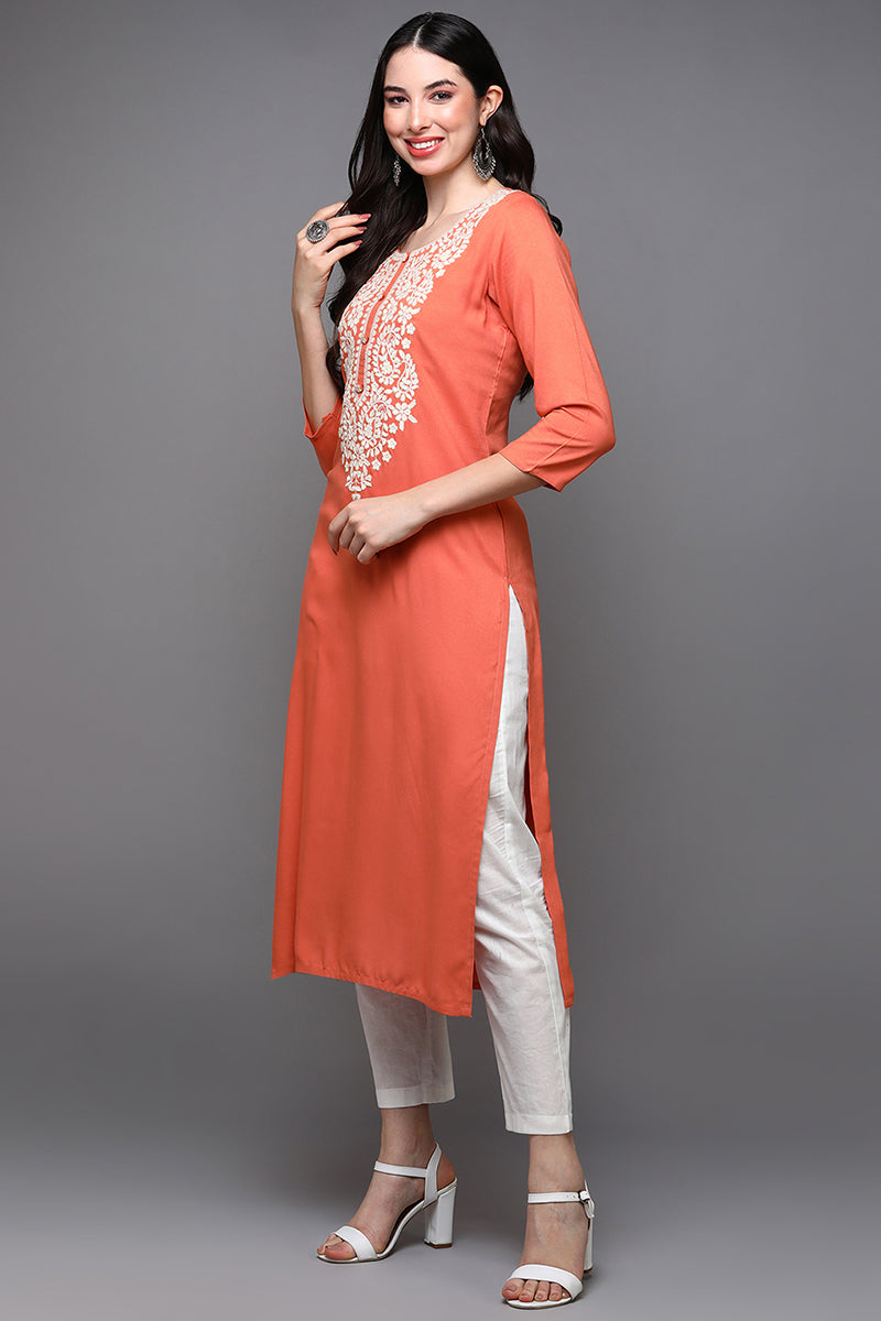 Orange Viscose Rayon Ethnic Motifs Straight Kurta VCK9456