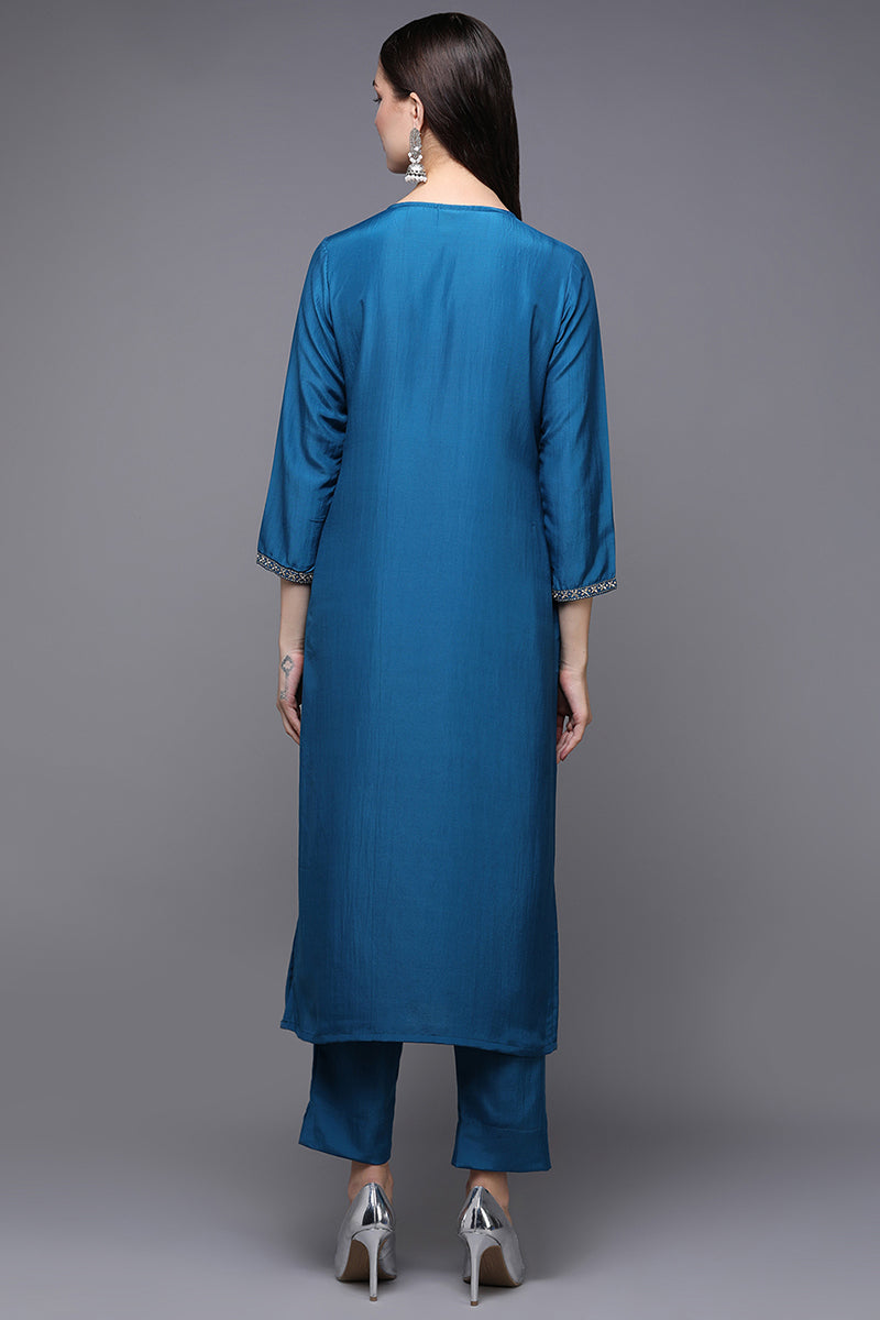 Blue Silk Blend Ethnic Motifs Straight Kurta VCK9462