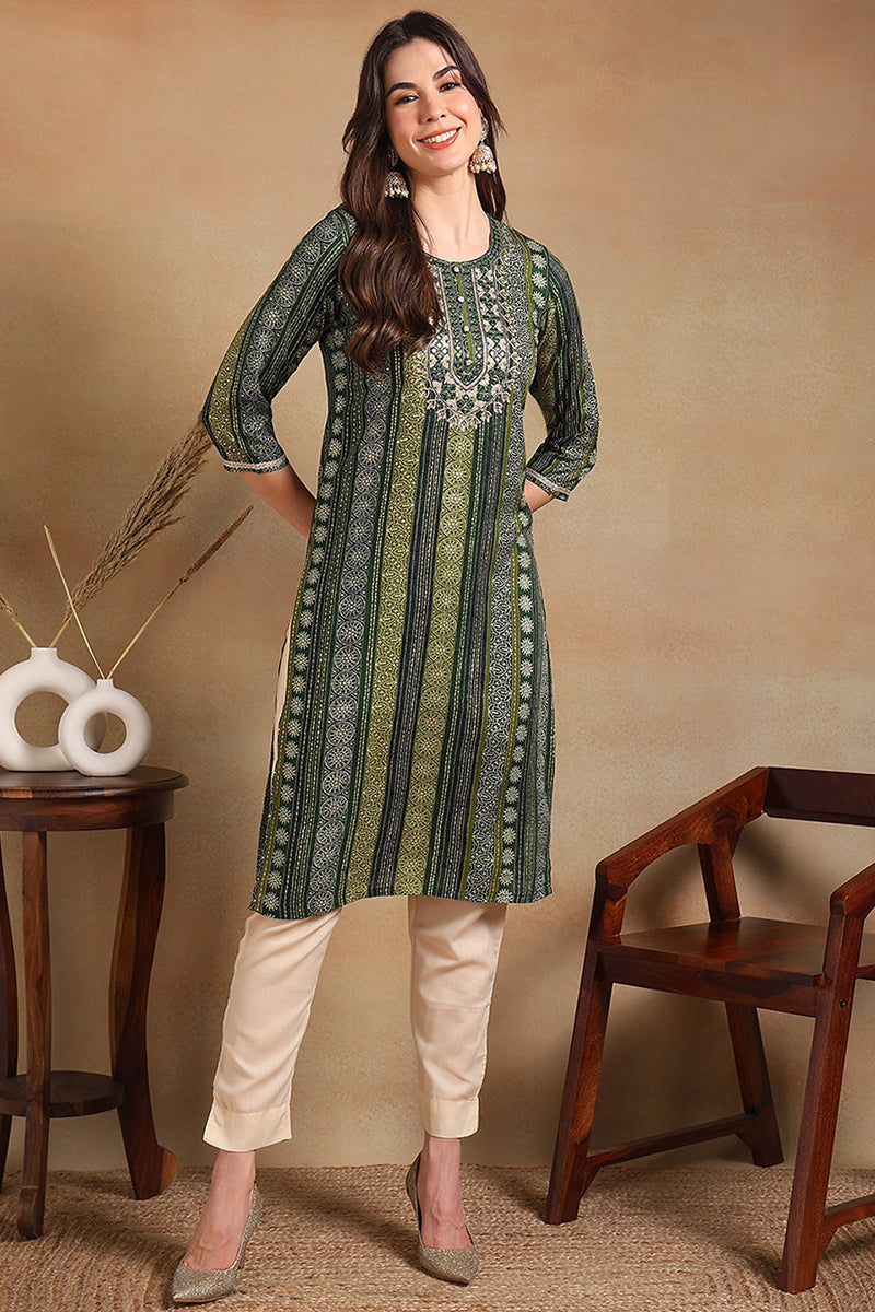 Green Viscose Rayon Ethnic Motifs Printed Straight Kurta VCK9465