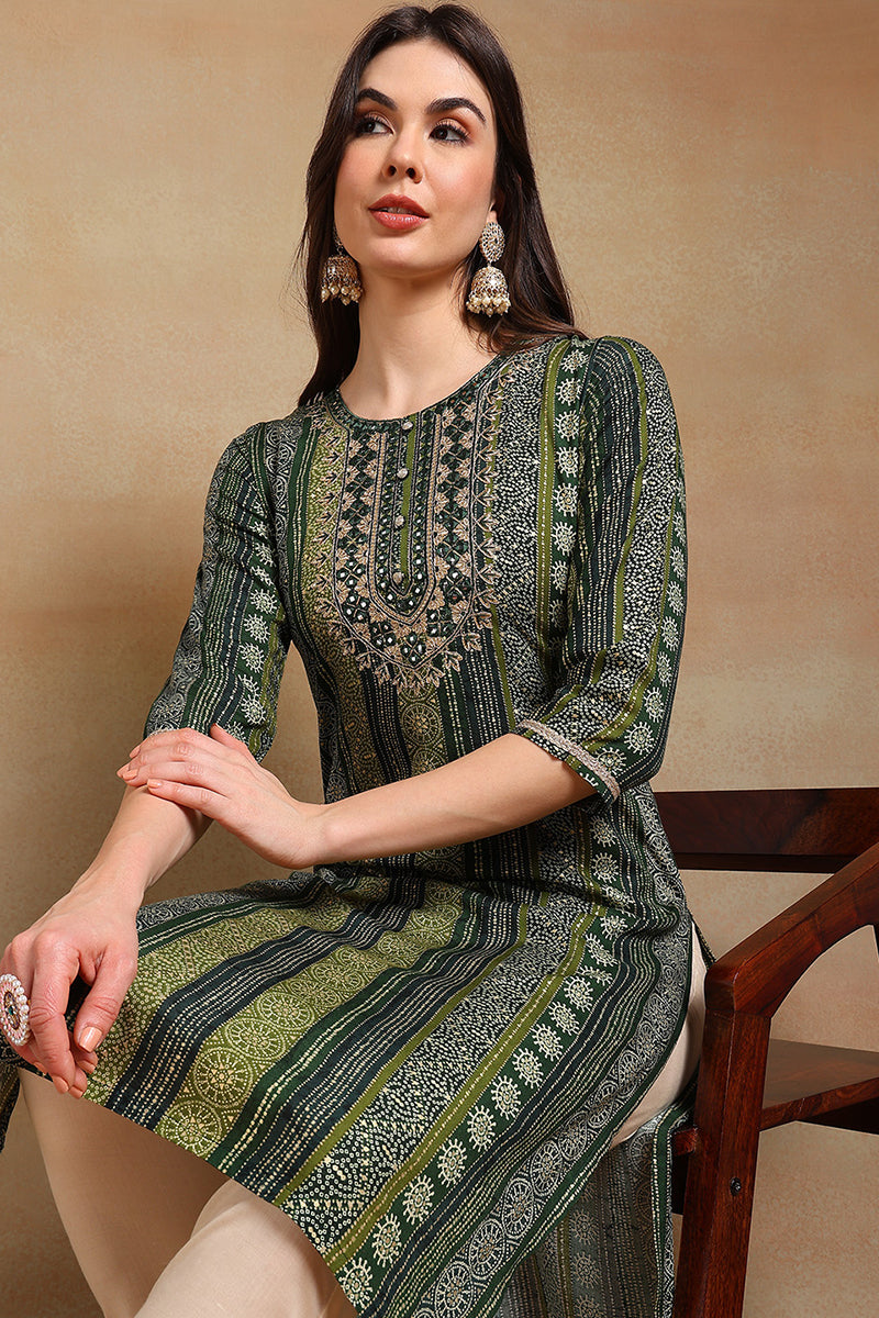 Green Viscose Rayon Ethnic Motifs Printed Straight Kurta VCK9465