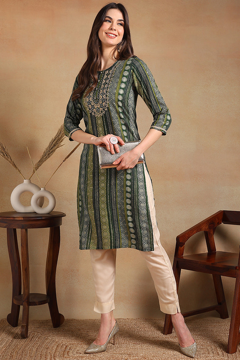 Green Viscose Rayon Ethnic Motifs Printed Straight Kurta VCK9465