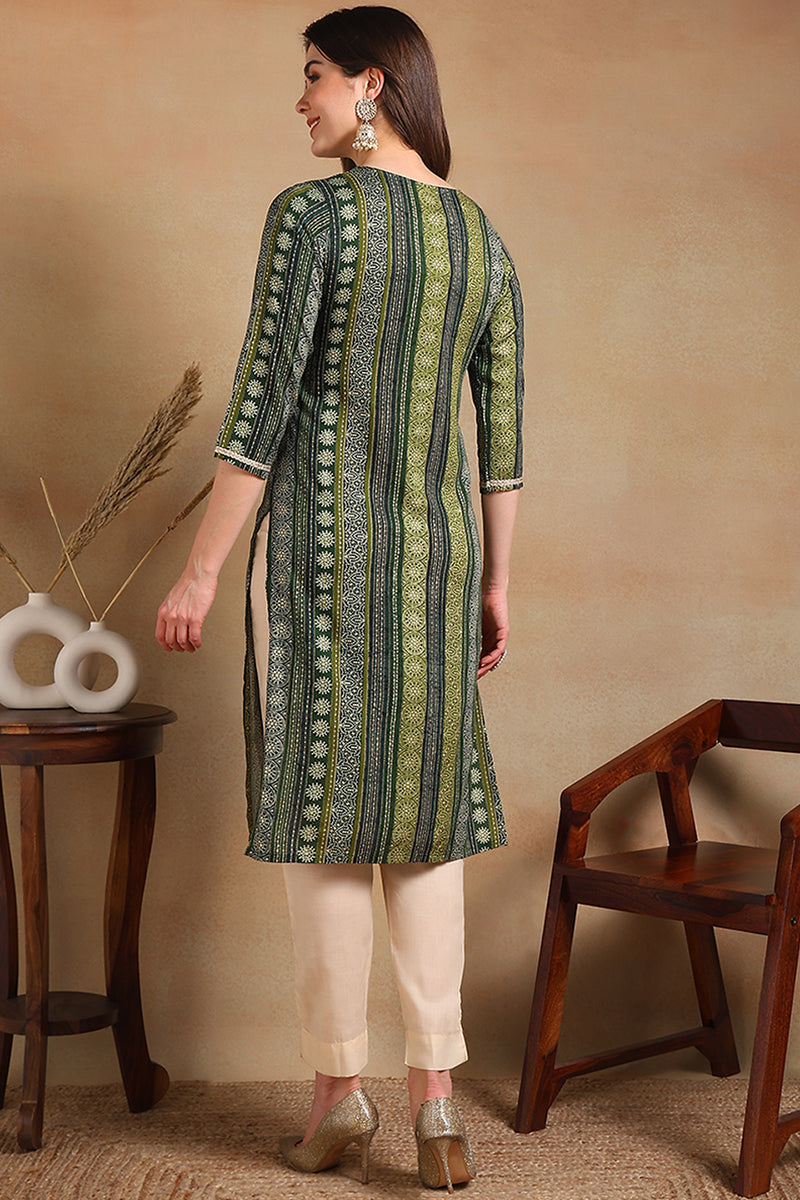 Green Viscose Rayon Ethnic Motifs Printed Straight Kurta VCK9465