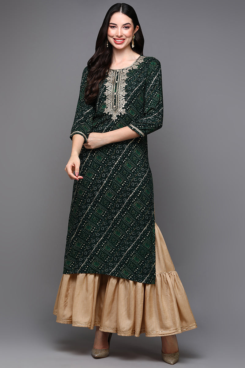 Green Viscose Rayon Bandhani Straight Kurta VCK9470