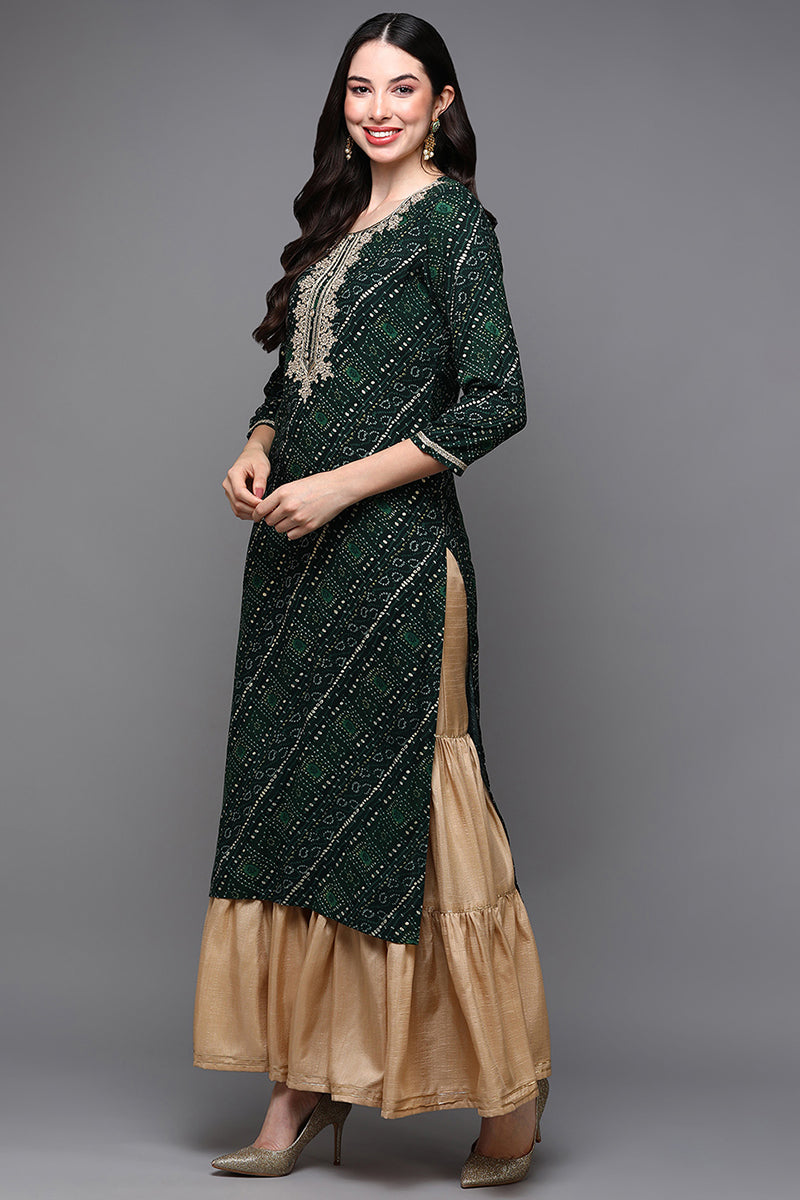 Green Viscose Rayon Bandhani Straight Kurta VCK9470