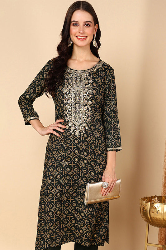 Green Viscose Rayon Ethnic Motifs Printed Straight Kurta VCK9476