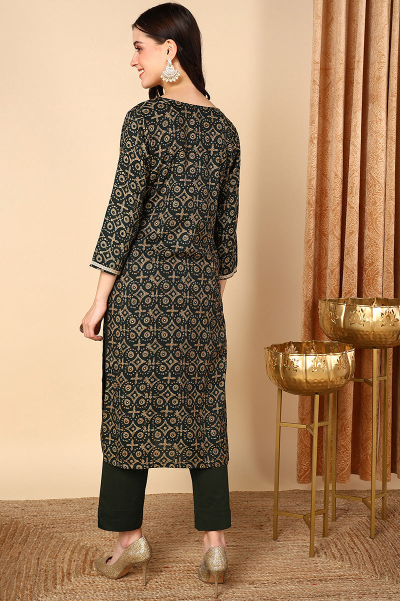 Green Viscose Rayon Ethnic Motifs Printed Straight Kurta VCK9476