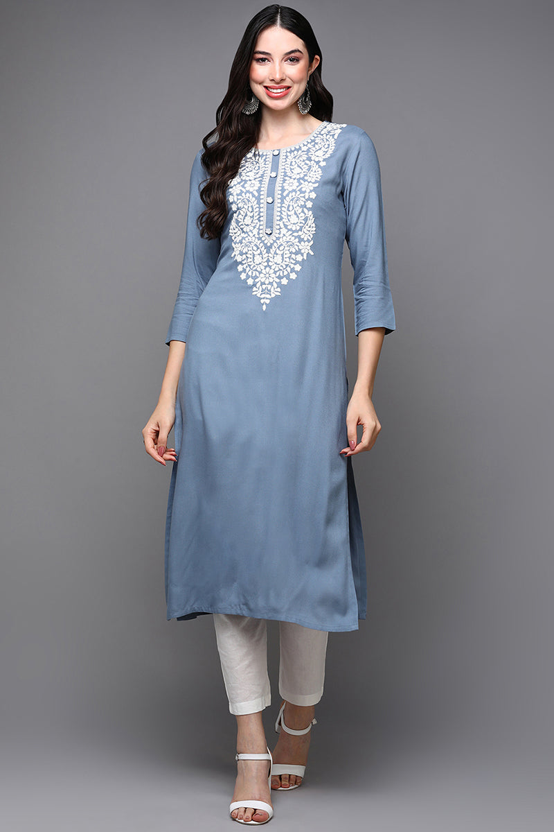 Blue Viscose Rayon Ethnic Motifs Straight Kurta VCK9492