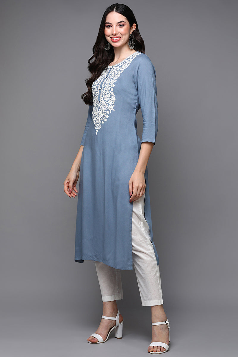 Blue Viscose Rayon Ethnic Motifs Straight Kurta VCK9492